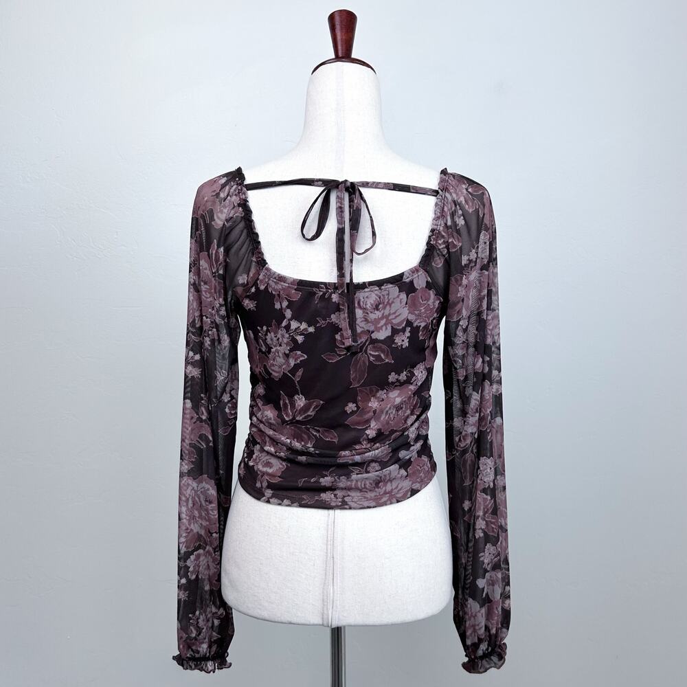 Dylan Ryan Brown Floral Mesh Padded Corset Romantic Long Sleeve Crop Top MEDIUM - Picture 5 of 8